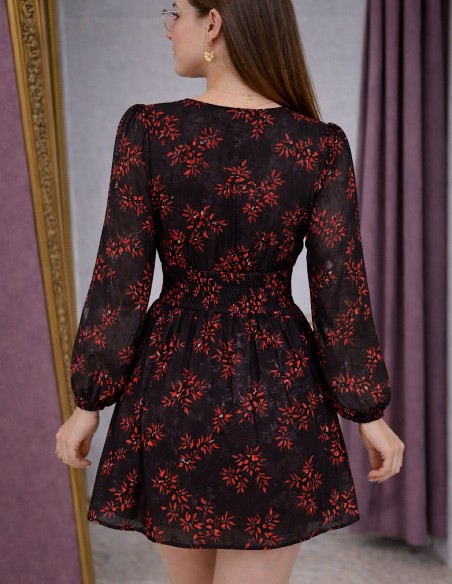 Robe noire fleurie rouge femme - robe cache cœur manches longues avec smock dos et taille marquée
