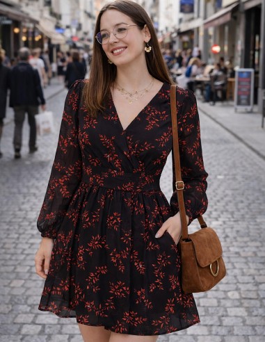 Robe noire fleurie rouge femme - robe...