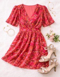 robe-courte-fleurie-rose-rouge-taille-elastique 2