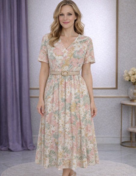 Robe midi fleurie pastel femme - Robe fluide élégante pour cérémonie