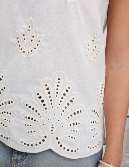 Top blanc brodé en coton - Top été sans manches chic broderie anglaise