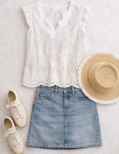 Top blanc brodé en coton - Top été...