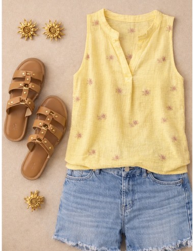 Débardeur femme bohème brodé en gaze...