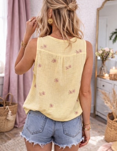 Débardeur femme bohème brodé en gaze...