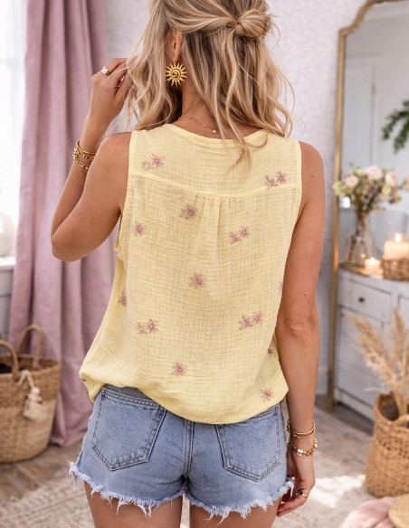 Débardeur femme bohème brodé en gaze de coton pastel coupe fluide pour l'été