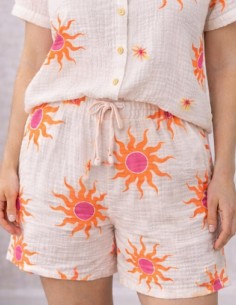 short femme imprimé soleil rose et orange flashy taille élastique vue de face 2