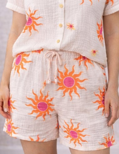 short femme été imprimé soleil avec taille élastique en gaze de coton