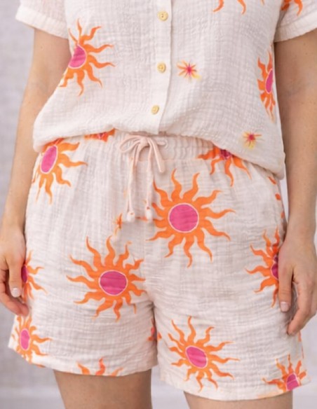 short femme été imprimé soleil avec taille élastique en gaze de coton