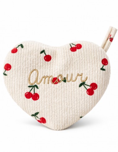 Pochette cœur femme en velours côtelé ave broderie amour et motif cerises, petite trousse tendance