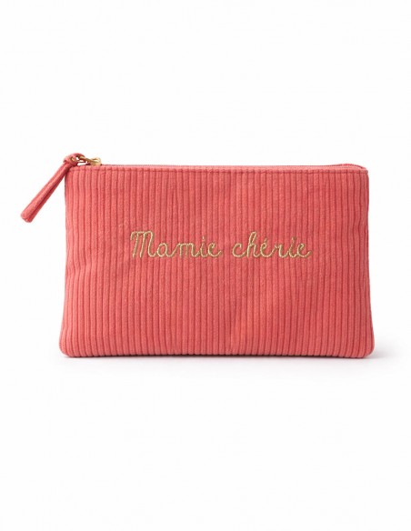 Trousse en velours côtelé vieux rose " Mamie chérie " avec fermeture zippée dorée