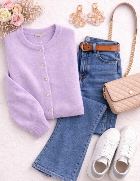 Gilet femme doux boutonné pastel - cardigan en maille douce rose poudré, lila , écru du 36 au 42