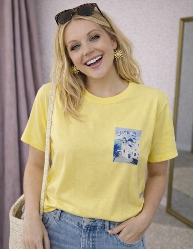 T-shirt tendance été Grèce Santorin jaune femme coupe oversize