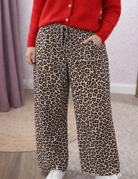 Pantalon fluide léopard en coton taille unique 36-42 fabriqué en Italie