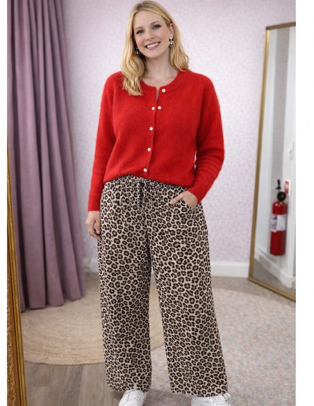 Look tendance pantalon léger fluide léopard beige