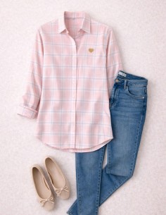 chemise femme rose à carreaux 100% Coton portée avec jean bleu 2