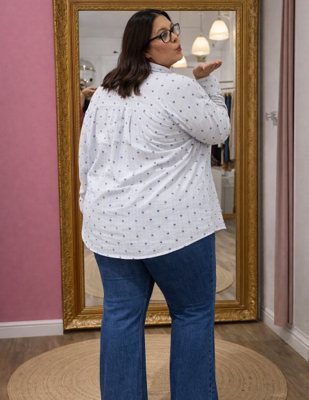 Chemise Grande Taille femme en coton bleu ciel motifs coeur marine & fines rayures