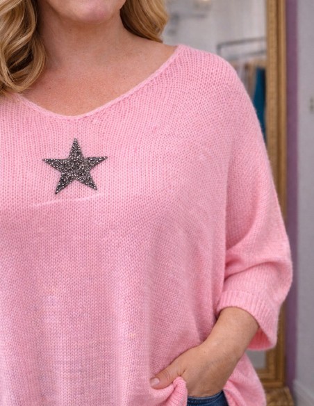 Pull Femme Grande Taille 42 à 48 - Maille Légère Pastel & Etoile Strass Coupe Ample