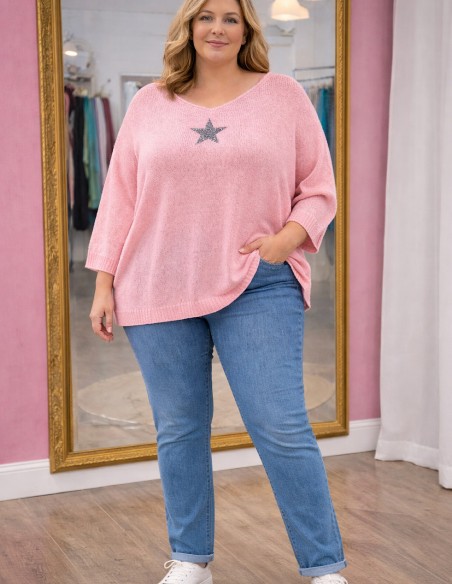 jean droit taille haute printemps en grande taille 44 au 54 - avec pull léger rose pastel