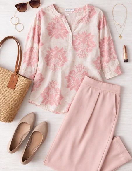 Blouse Grande Taille Femme 42-50 Beige Imprimé Rose - Manches 3/4 Ajustables - Coupe Fluide Confortable