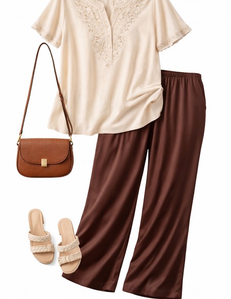 look femme grande taille blouse beige brodée et pantalon fluide chocolat coupe fluide
