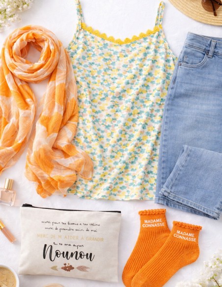 Débardeur Femme Grande Taille Fleuri avec Dentelle - Bretelles Réglables - Du 42 au 50 Coloris Jaune & Orange