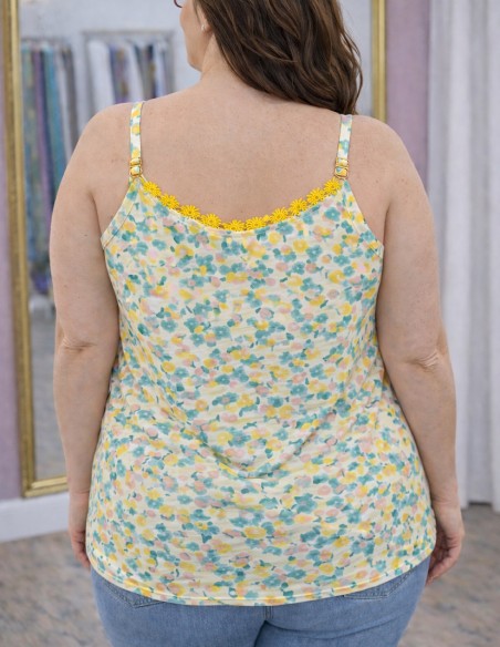 Débardeur Femme Grande Taille Fleuri avec Dentelle - Bretelles Réglables - Du 42 au 50 Coloris Jaune & Orange