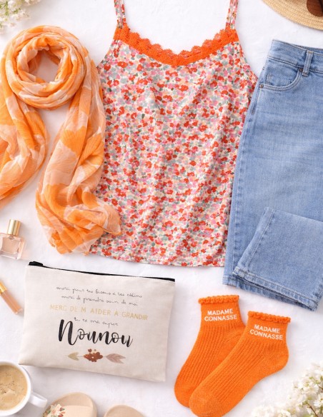 Débardeur Femme Grande Taille Fleuri avec Dentelle - Bretelles Réglables - Du 42 au 50 Coloris Jaune & Orange