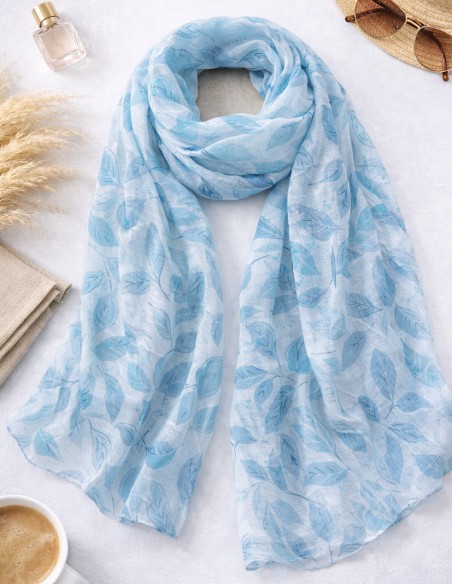 Foulard Femme Grand Format 90x180 cm en viscose - Motif Feuilles - Bleu, Rouge , Beige