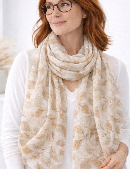 Foulard Femme Grand Format 90x180 cm en viscose - Motif Feuilles - Bleu, Rouge , Beige