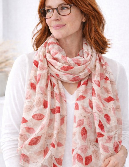 Foulard Femme Grand Format 90x180 cm en viscose - Motif Feuilles - Bleu, Rouge , Beige