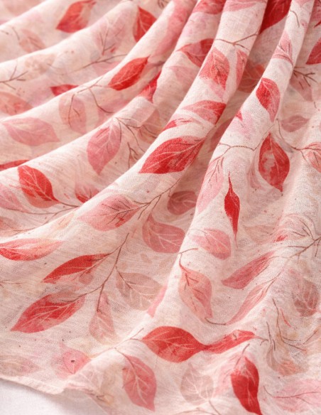 Foulard Femme Grand Format 90x180 cm en viscose - Motif Feuilles - Bleu, Rouge , Beige