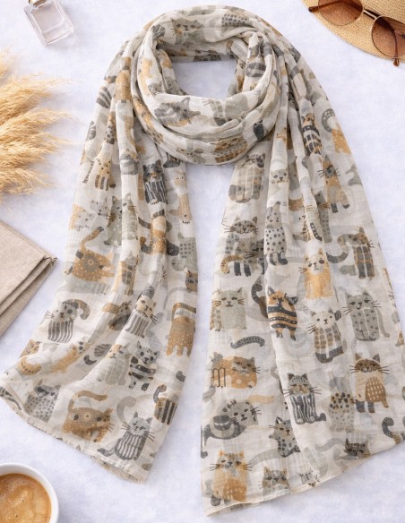 Grand foulard femme doux motif chats en pull - cat's lover en viscose