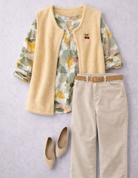 look tendance et confortable grande taille citrin avec gilet sans manche jaune pastel et pantalon beige