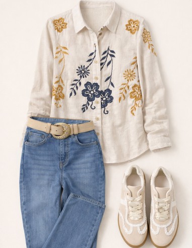 Chemise Femme en Lin Brodée Fleurs -...