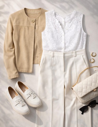 Veste grande taille beige coton avec blouse broderie anglaise et mocassins compensés