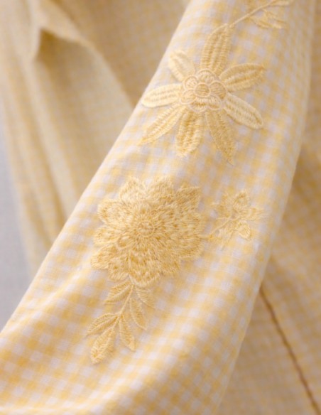 Chemise femme 100% Coton Vichy Jaune avec Broderie - Manches longues - 36 au 42