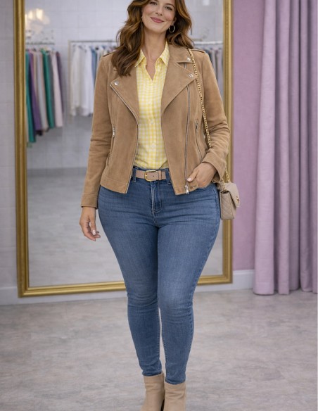 Chemise femme 100% Coton Vichy Jaune avec Broderie - Manches longues - 36 au 42