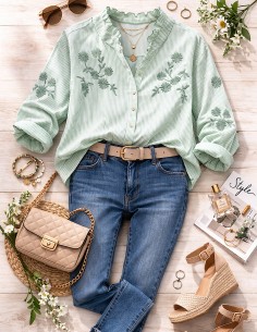 Chemise en coton brodée femme verte rayée bohème 2