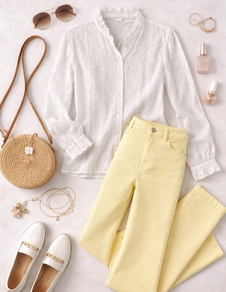 look complet blouse femme en coton brodé et pantalon fluide look bohème