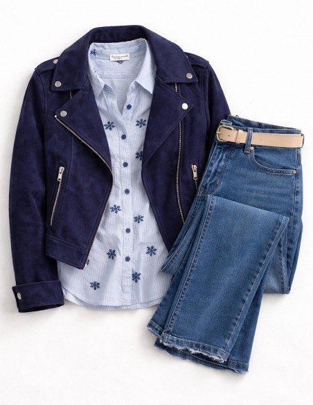 Chemise Femme Coton Rayée Bleu & Blanc Brodée - Chemisier Chic Motifs Fleuri