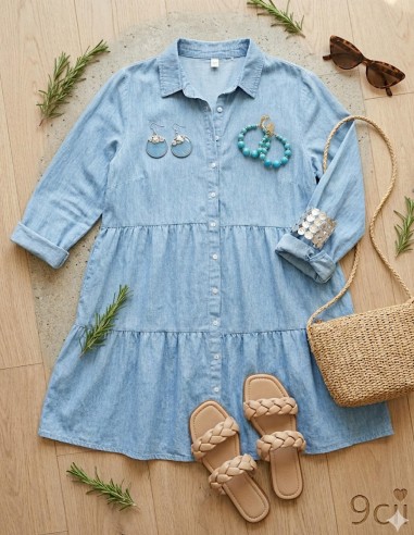 Robe Chemise Bleu Clair en Chambray -...