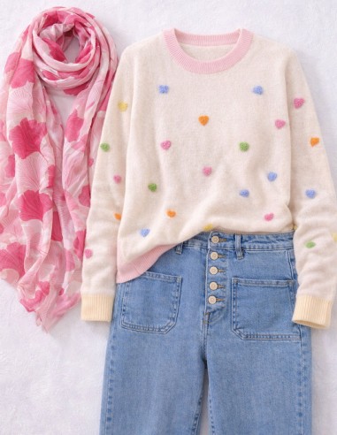 Pull Femme Blanc à Motifs Cœurs...