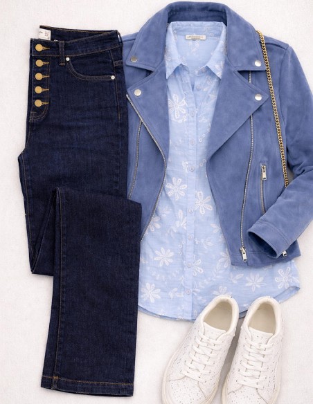 look tendance chic pour le bureau cet été : chemisette en coton brodée femme , jean brut évasé et perfecto bleu ciel