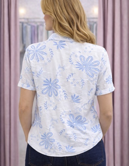 Chemisette Femme en coton Cintrée Bleu Ciel ou Blanche - Blouse Manches Courtes Broderie Florale Ajourée Eté Chic