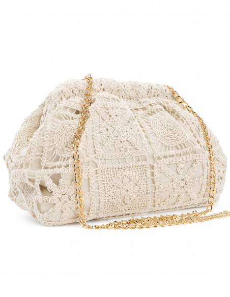 Sac Pochette Bohème en Dentelle Crochet Avec Chaîne Dorée - Marron Chocolat ou Beige  - Sac été Chic femme