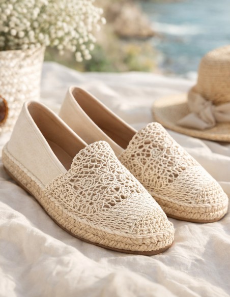 Espadrilles femme dentelle crochet bohème beige avec semelle tressée - Chaussures été confortables