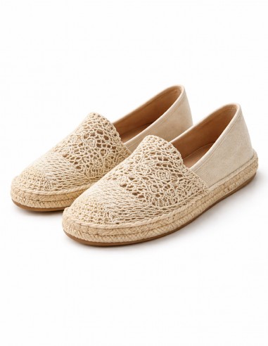 Espadrilles femme dentelle crochet beige avec semelle tressée