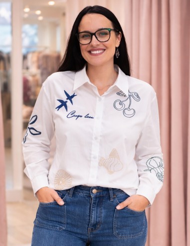 Chemise coton brodée motif marin, étoile de mer coupe élégante
