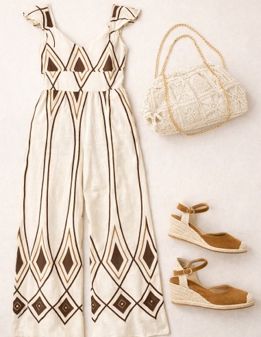 Combinaison femme beige à motif géométrique fluide, look été chic et élégant