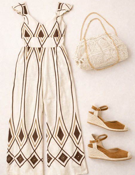 Combinaison femme beige à motif géométrique fluide, look été chic et élégant